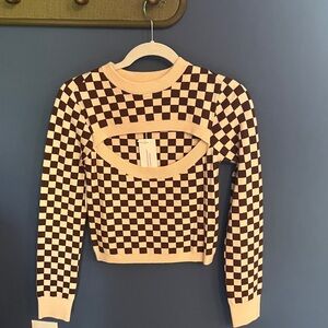 Checkerboard Cutout Crewneck Sweater - Cream & Brown
